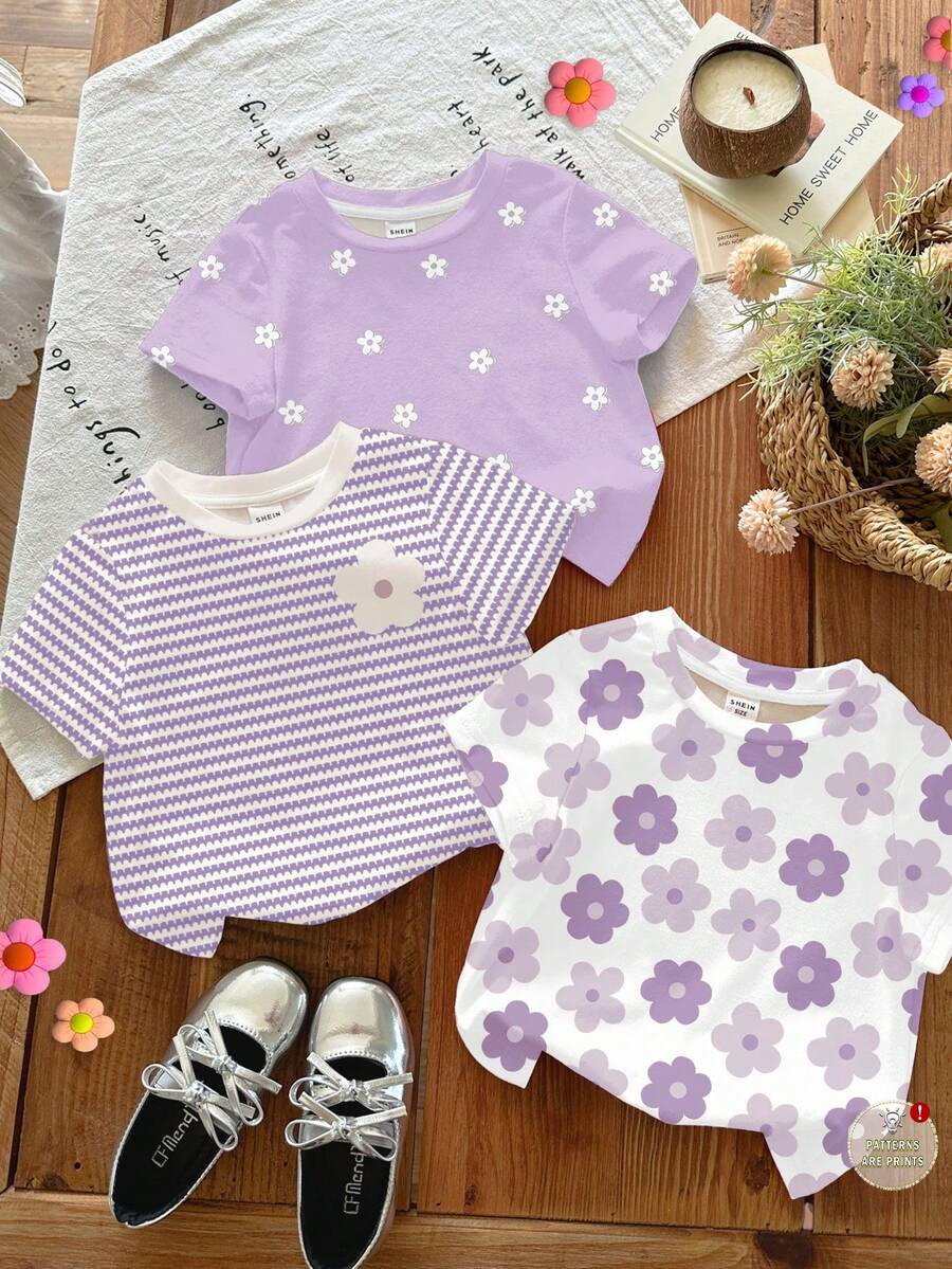 SHEIN LMoss Kids 3件套可爱花卉系列奶油紫、紫色条纹、紫色圆领短袖百搭T恤,适合日常、居家、度假、搭配,轻松舒适,可叠穿,时尚女孩,休闲装,儿童花卉图案服装,别致秋季,时尚冬季,新款,清凉舒适 - 彩色 - 查看 1