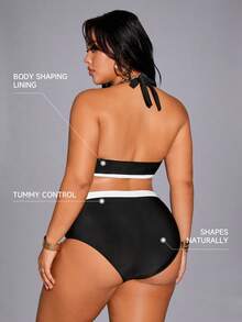 Shapewave Bộ đồ bơi mùa hè mới, màu đen trắng tương phản, thanh lịch, cạp cao, xếp ly, giúp thon gọn vóc dáng, cỡ lớn. - Đen và trắng - Xem 2