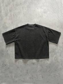 ROMWE MEN Essentials 男士水洗复古提花宽松短袖T恤，复古街头风 - 黑色 - 查看 3