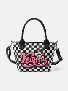 HELLO KITTY AND FRIENDS | SHEIN 黑色格紋印花時尚便攜大容量手提包 - 黑與白 - 查看 1
