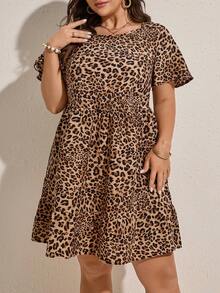 Comfylo Plus Size Leopard Print Round Neck Casual Short Sleeve Dress - Multicolor - View 4