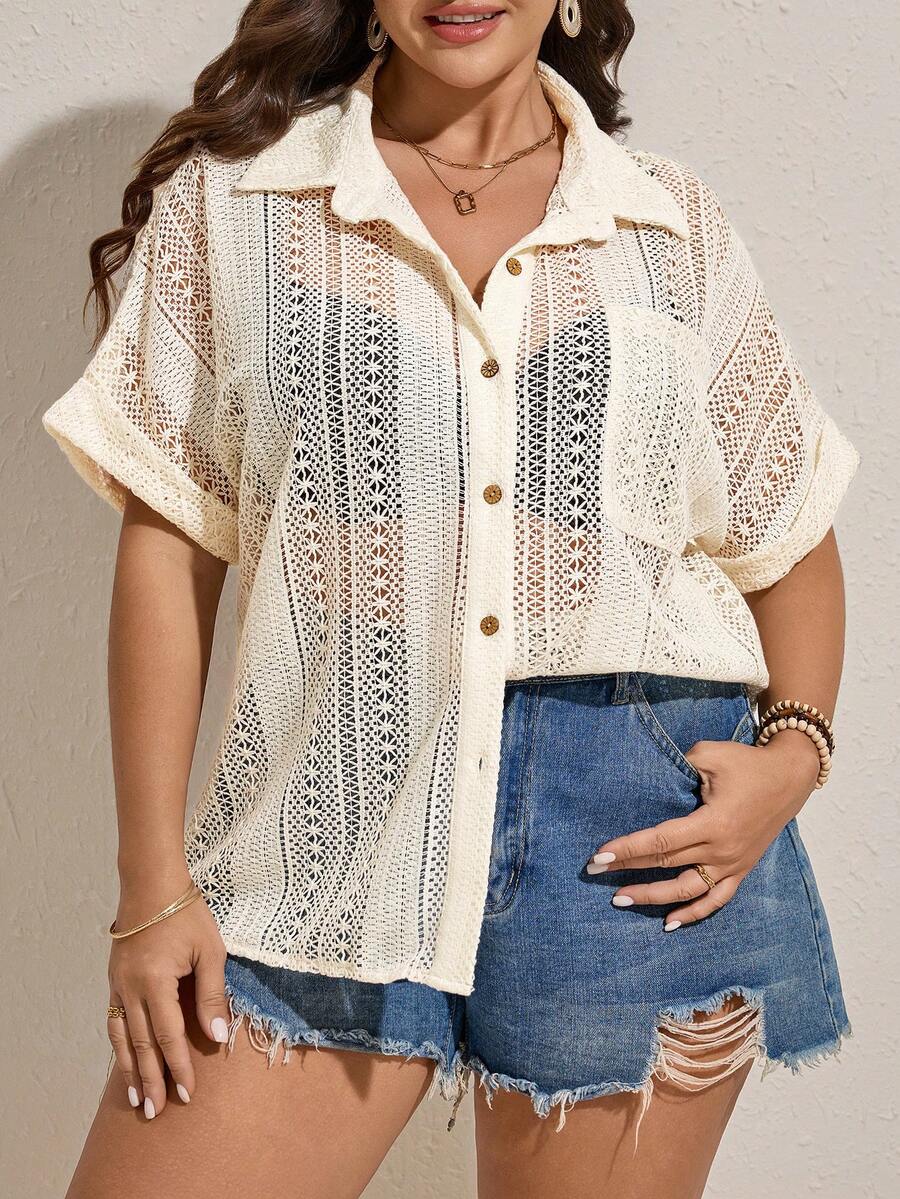 Comfylo Plus Size Casual Solid Color Hollow Out Shirt - Apricot - View 1