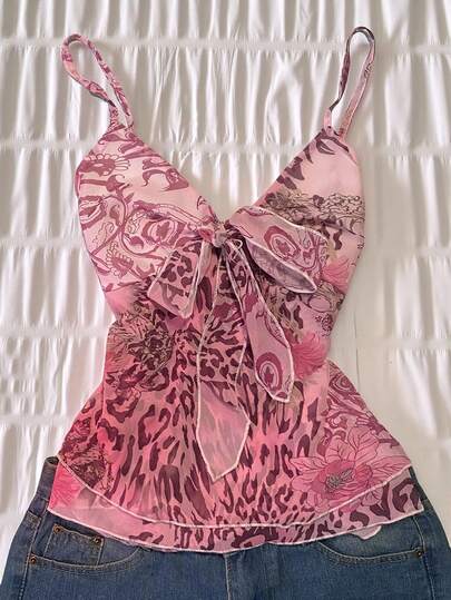 INAWLY Women's Pink Floral Leopard Print Sexy Slim-Fit Casual Camisole, Suitable For Spring And Summer, Perfect For Vacations And Beach Wear, Sweet And Romantic, Y2K Sweet And Casual.