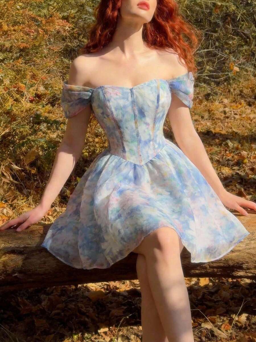 SHEIN MOD 女士复古艺术油画花卉印花露肩短裙，复古宫廷风，维多利亚时代，浪漫，花园，婚礼季，婚礼宾客礼服，度假，约会，下午茶 - 藍色 - 查看 1