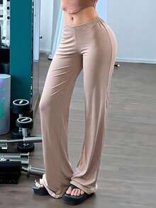 Women's Casual Commuting Minimalist Solid Color Loose Straight Leg Pants - Khaki - View 2