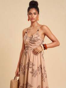 Travachic Women's Floral Print Pleated Casual Dress,Beige Summer Boho Vacation Holiday Outfits,Elegant Wedding Guest Party Dress,Mexican Style Beach Clothing - Khaki - View 3