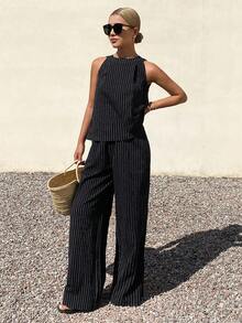 DAZY Striped Gray Sleeveless Top & Wide Leg Pants 2 Pieces Set, Unique High-End Casual Summer Outfit For Women - Black - View 5