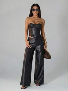SHEIN PETITE 女款棕色時尚派對 PU 抹胸短版上衣，皮革束腰上衣，適合夜店、冬季、萬聖節、聖誕節、新年，夏季，小碼女款 - 黑色 - 查看 11