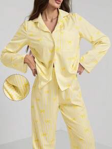 SHEIN Tall New Red & White Striped Printed Shirt & Pants Home & Casual 2pcs Outfit - Yellow - View 3