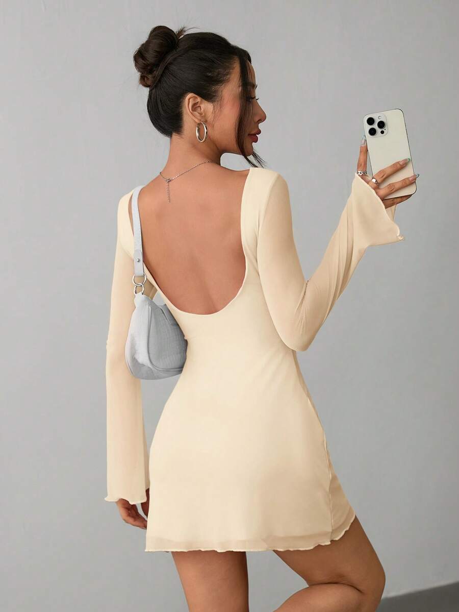 SHEIN PETITE Women's New Sexy Backless Trumpet Sleeve Mesh Dress For Early Autumn Open Back Dress Elegant Mini Dress Creme Dress Long Sleeve Midi Dress Women's Dresses - Apricot - View 1