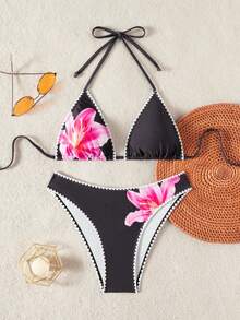 Swim Vcay 女士百合花印花荷叶边挂脖比基尼套装 - 黑色 - 查看 1