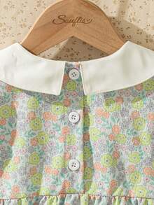 Souflis Souflis Light Blue Floral,Summer,Cute,Picnic French Baby Girl Ditsy Floral Dress,White Peter Pan Collar Contrast Color,Pleated Design,3D Bow Decor Vintage Clothes - Multicolor - View 7