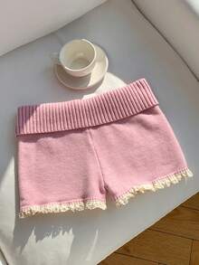 Comfortcana Quần short len lửng màu hồng phối ren, vạt bất đối xứng, có thể gập lại, thích hợp cho nữ mùa xuân, lựa chọn thanh lịch cho Giáng sinh, Năm mới, Ngày Valentine. - Hồng - Xem 2