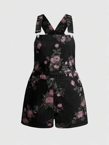 ROMWE Fairycore Y2K Vintage Rose Print Romantic Countryside Loose Denim Jumpsuit, Plus Size, Spring - Black - View 1