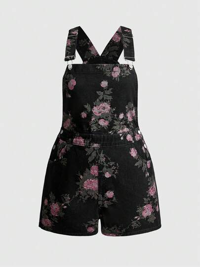 ROMWE Fairycore Y2K复古玫瑰印花浪漫乡村宽松牛仔连体裤，大码，春季