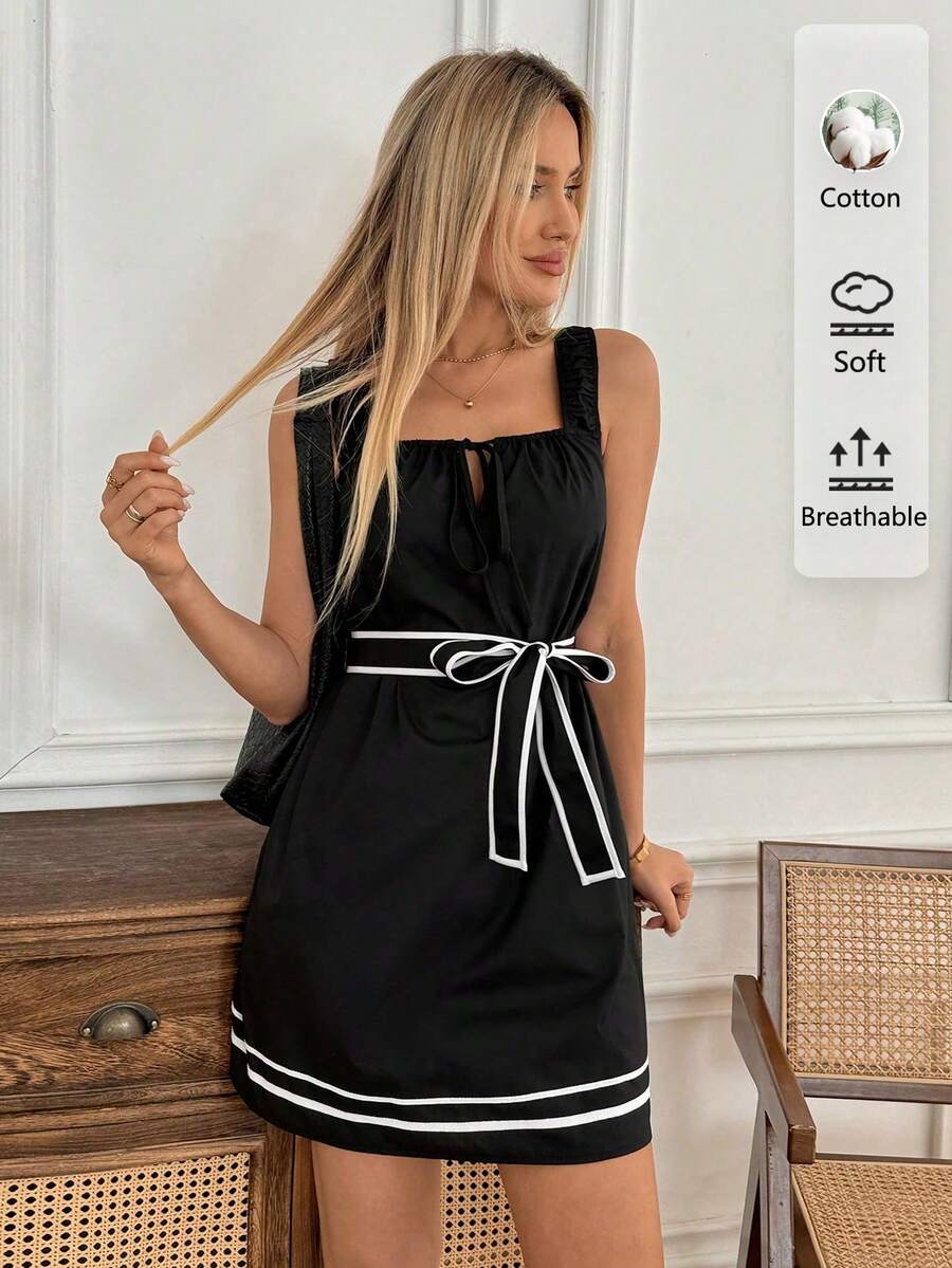 Easowa 女士休闲无袖短连衣裙，前系腰带，度假装扮，休闲服饰 - 黑色 - 查看 1