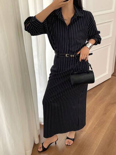 DAZY Women's Striped Long Sleeve Button-Up Shirt And A-Line Skirt Casual 2-Piece Set