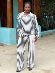 Tyla Gomez 女士 2 件套宽松条纹 V 领落肩长袖 T 恤和松紧腰条纹裤，冬季毛衣套装，秋冬 - 黑與白 - 查看 1