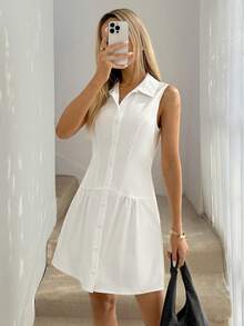 Vestido corto sin mangas con botones frontales de unicolor casual para mujer, ropa de verano casual - Blanco - Ver 3