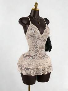SaltGleam SaltGleam Sexy Lace Hollow See-Through V-Neck Bodycon Halter Mini Dress - Apricot - View 4