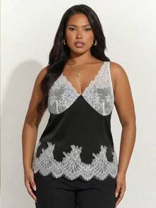SHEIN BAE Women's Elegant Black And White Color-Blocked Lace Patchwork Camisole,Summer Night V-Neck Bustier Top With Hem,Versatile Elegant Top - Black and White - View 2