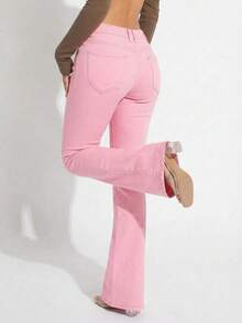 SHEIN SXY Women's Casual Versatile Commuter Flare Jeans With Pockets - Pink - View 4