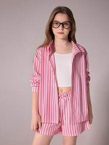SHEIN Tween Girls' Casual Striped Shirt And Shorts Set, Spring/Summer - Pink - View 4