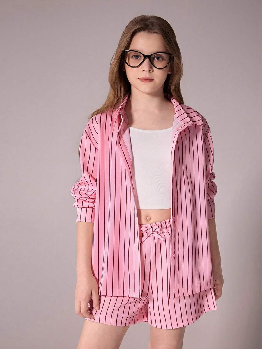 SHEIN Conjunto de camisa a rayas y pantalones cortos informal para niñas preadolescentes, primavera/verano - Rosa - Ver 1