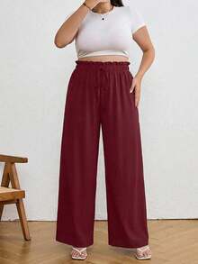 EURMUSE Plus Size Casual Solid Color Drawstring Waist Loose Pants - Burgundy - View 4