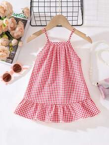 SHEIN Playful Pals Infant/Baby GirlDress, All-Over Red & White Plaid Pattern, Lively And Fresh. Spaghetti Strap Design Suitable For Summer, A Sweet Choice For Girls' Summer Outfits - Red - View 2