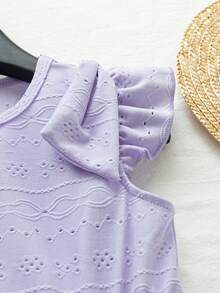 女童镂空针织连衣裙，圆领短袖，松紧腰带，荷叶边下摆，适合通勤、度假、海滩等多种场合。 - 紫色 - 查看 5
