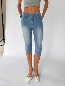 TRNVIE Fashionable Casual Wide Waistband Low Waist 7/8 Length Jeans - Light Wash - View 3