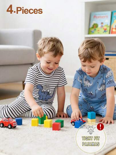 4pcs Baby Boys Cartoon Dinosaur Print Comfortable Soft Knit Short Sleeve Pajama Set