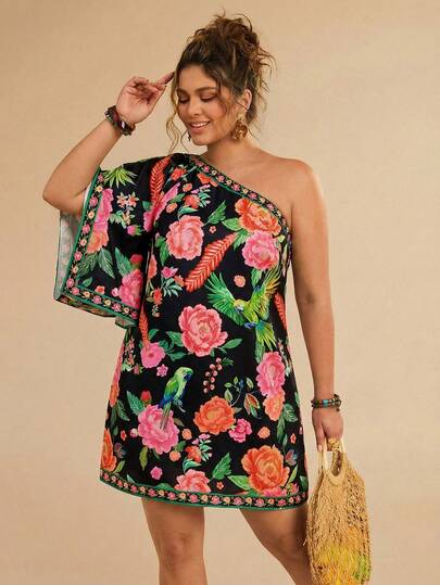Travachic Plus Size Women's Black Floral Print Short Dress, Loose Fit One Shoulder Long Sleeve Dress, Island Vacation Dress