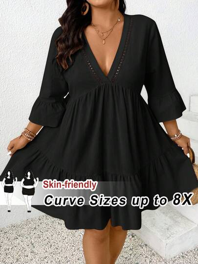 SHEIN CURVE+ Plus Size Women's Casual Loose Comfortable Short Sleeve Apricot Color Dress, Lightweight Fabric Essential Spring/Summer Dress, New Arrival