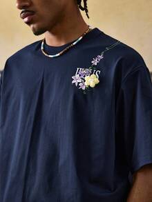 ROMWE MEN Street Life Men's Casual Floral & Letter Print Short Sleeve T-Shirt, Summer - Navy Blue - View 6