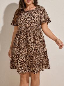 Comfylo Plus Size Leopard Print Round Neck Casual Short Sleeve Dress - Multicolor - View 2
