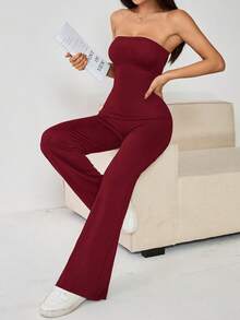 SHEIN PETITE 女士纯色简约日常无肩带喇叭连体裤 - 酒紅色 - 查看 4