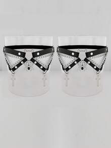 ROMWE 2pcs Women's Black Crystal Spider Accessory Chain Decor Gothic Leg Garter Shorts, Versatile For Halloween & Daily Wear - Black Bullhead Spider Cross Leg Ring - View 7