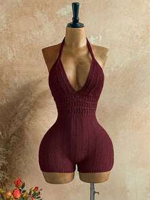 Soleia Trang phục mùa thu cho nữ - Bộ jumpsuit dệt kim ombre cổ chữ V khoét sâu hở lưng, gợi cảm và thời trang, thích hợp cho tiệc tùng, hẹn hò, trà chiều, hoặc đi biển phong cách boho. - Màu Đỏ Sâu - Xem 3