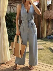 DAZY Western Cowgirl High Waist Loose Wide Leg Jeans Casual Vacation Summer Women Denim Jumpsuit And Overalls - Blue - View 1