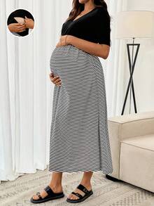SHEIN Vestido de enfermería casual de maternidad con cuello en V, manga corta, a rayas y parches - Negro - Ver 3