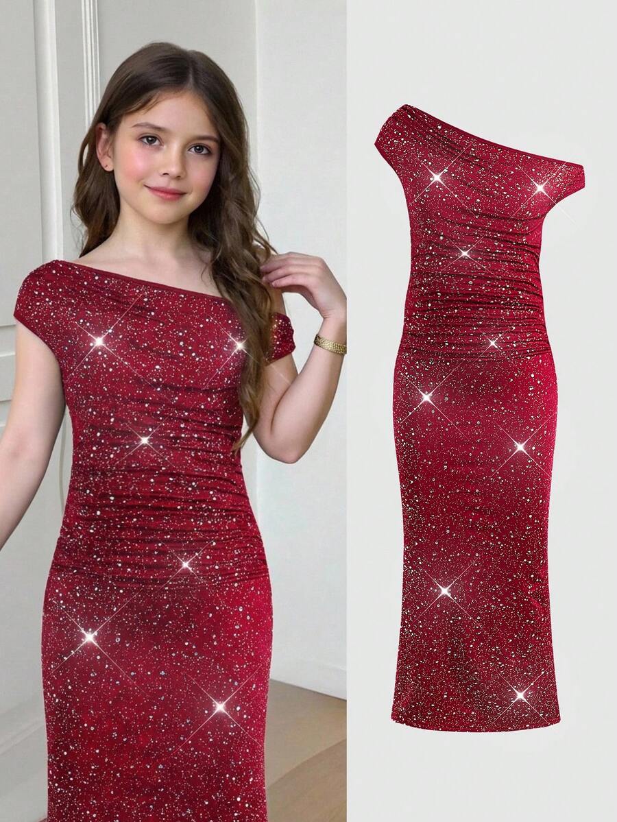 SHEIN 1pc Tween Girl Wine Red Metallic Foil Bodycon Maxi Knit Dress, Off-Shoulder - Burgundy - View 1