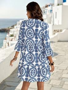 EMERY ROSE 女式度假植物图案V领喇叭袖休闲迷你连衣裙 - 彩色 - 查看 2