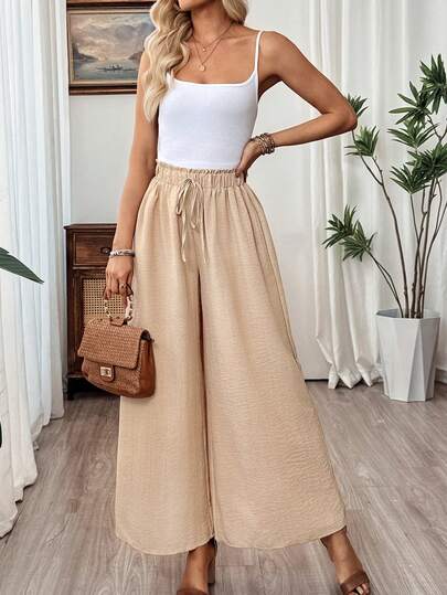 EMERY ROSE Women's Solid Color Pleated Drawstring Waist Loose Fit Pants