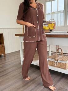 Dream Adore Women's Knitted Textured Casual Pajama Set - Brown - View 3