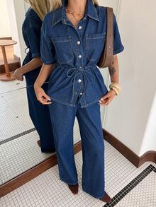 DAZY Women's Casual Washed Waist Belt Pocket Shirt And Wide Leg Jeans Set, Spring/Summer - Dark Wash - View 8