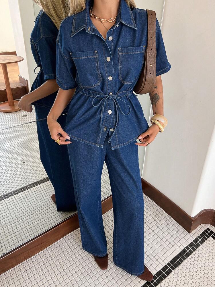 Women's Casual Washed Waist Belt Pocket Shirt And Wide Leg Jeans Set, Spring/Summer