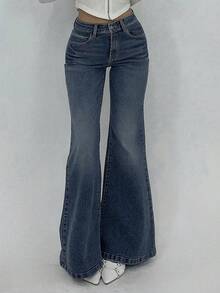 DAZY Pantalones vaqueros de campana retro para mujer con bolsillos, pantalones de mezclilla casuales y versátiles - Azul lavado medio - Ver 3