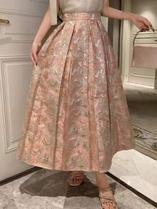 DAZY Women's Elegant Rose Jacquard Pleated Skirt, Spring/Summer - Pink - View 1